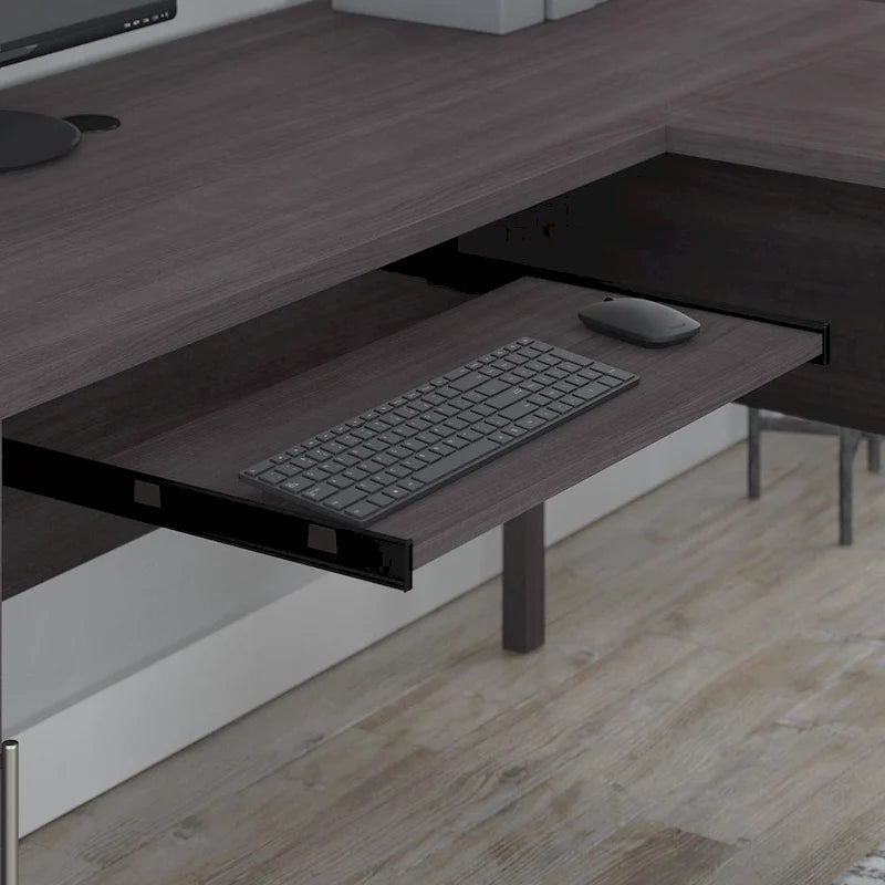 Bureau en L avec placard de rangement, tiroirs et tablette pour clavier