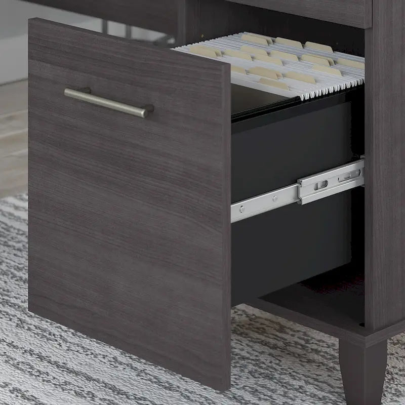 Bureau en L avec placard de rangement, tiroirs et tablette pour clavier