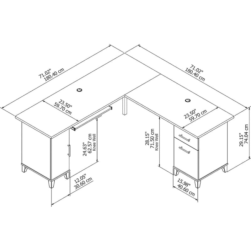 Bureau en L avec placard de rangement, tiroirs et tablette pour clavier