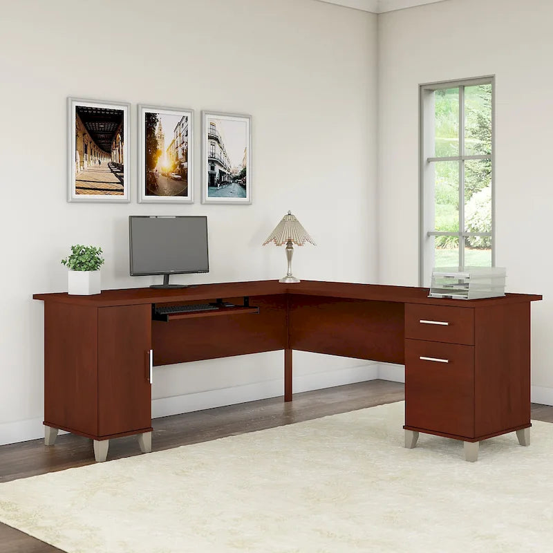 Bureau en L avec placard de rangement, tiroirs et tablette pour clavier