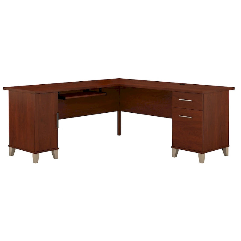 Bureau en L avec placard de rangement, tiroirs et tablette pour clavier