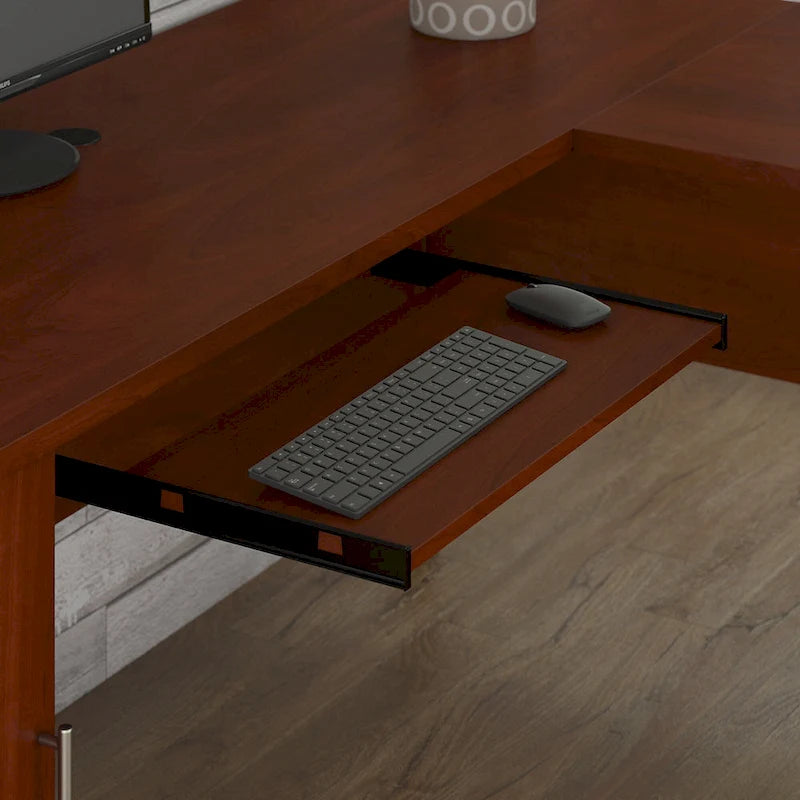 Bureau en L avec placard de rangement, tiroirs et tablette pour clavier