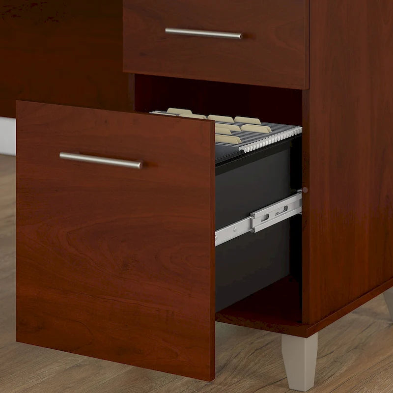 Bureau en L avec placard de rangement, tiroirs et tablette pour clavier