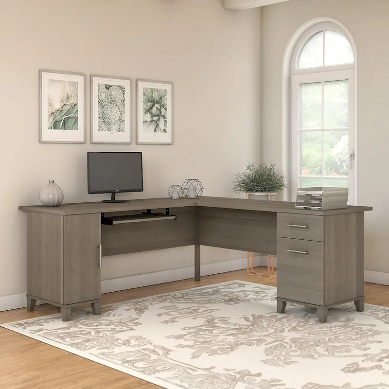 Bureau en L avec placard de rangement, tiroirs et tablette pour clavier