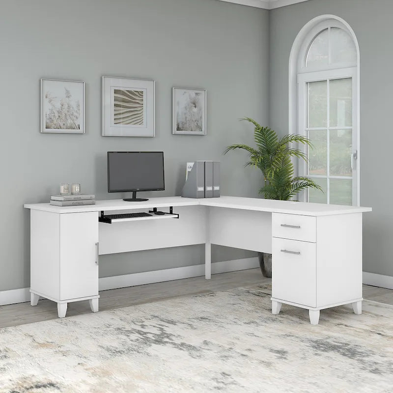 Bureau en L avec placard de rangement, tiroirs et tablette pour clavier