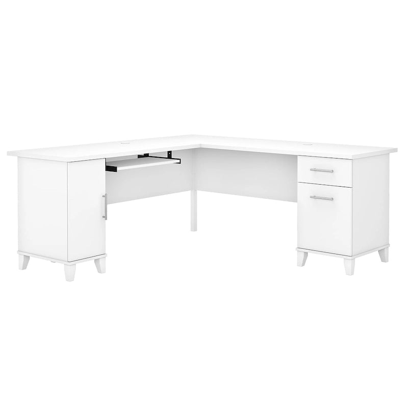 Bureau en L avec placard de rangement, tiroirs et tablette pour clavier