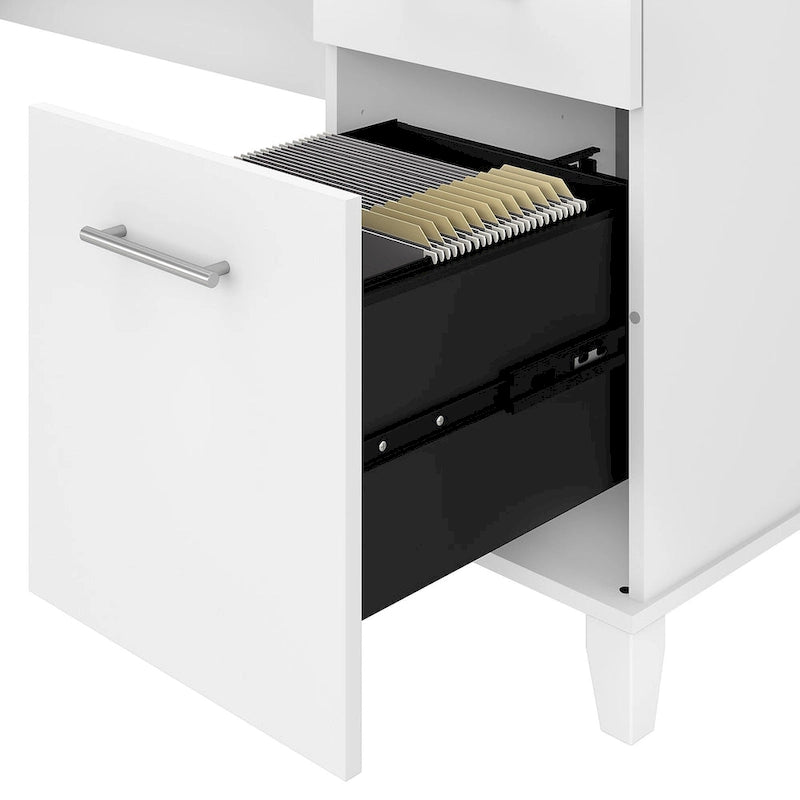 Bureau en L avec placard de rangement, tiroirs et tablette pour clavier