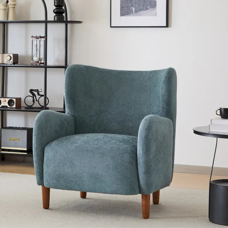 Velvet Upholstered Wingback Club Chair with Solid Wood Legs Blue Brown