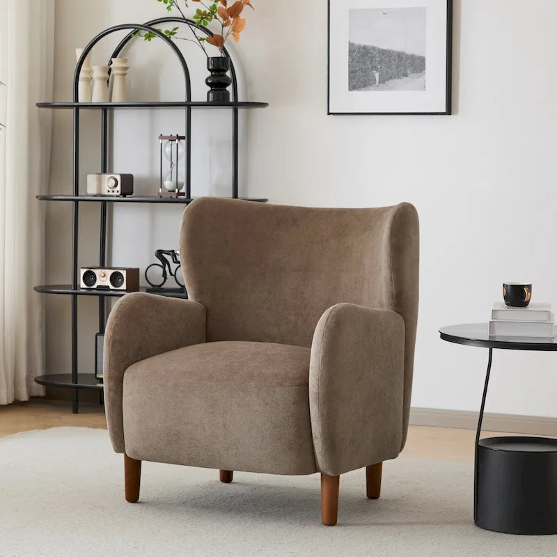 Velvet Upholstered Wingback Club Chair with Solid Wood Legs Blue Brown