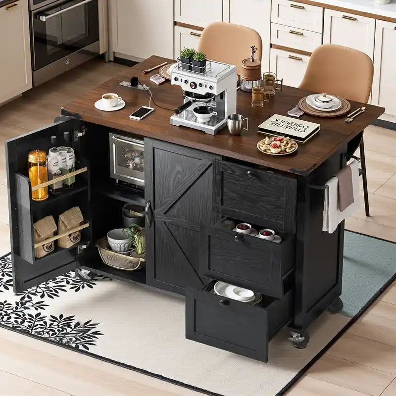 Îlot de cuisine de style maison de campagne avec rallonge rabattable, prise électrique et rangements, noir