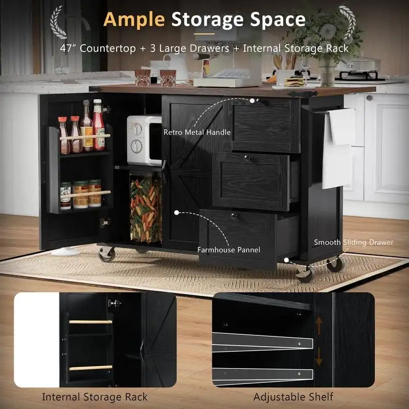 Îlot de cuisine de style maison de campagne avec rallonge rabattable, prise électrique et rangements, noir