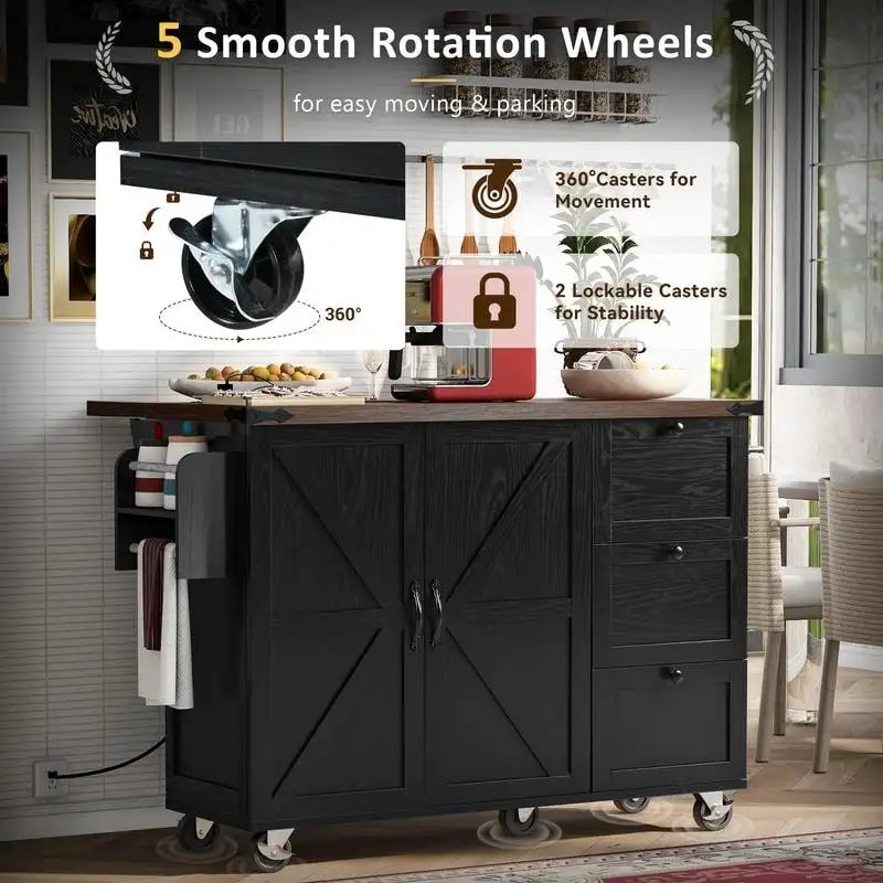 Farmhouse Kitchen Island with Drop Leaf, Power Outlet and Storage, Black
