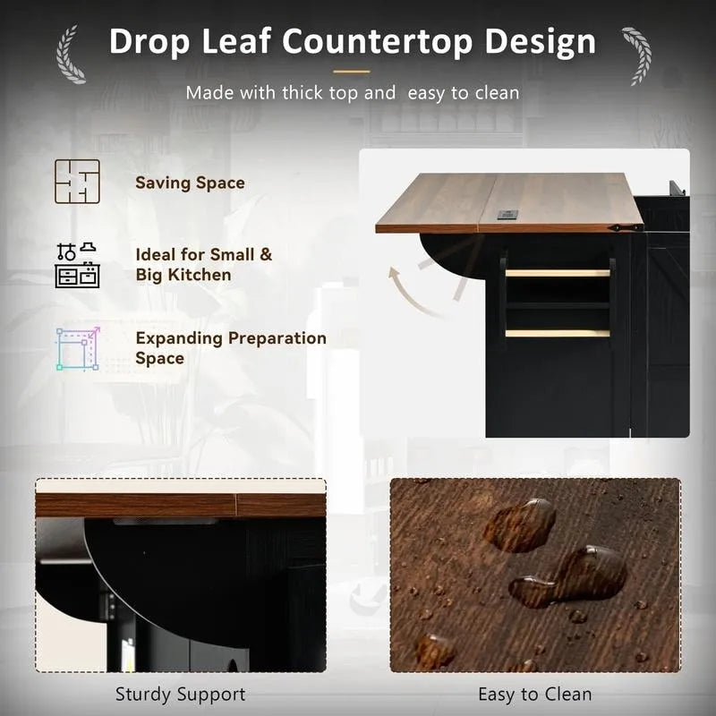 Farmhouse Kitchen Island with Drop Leaf, Power Outlet and Storage, Black