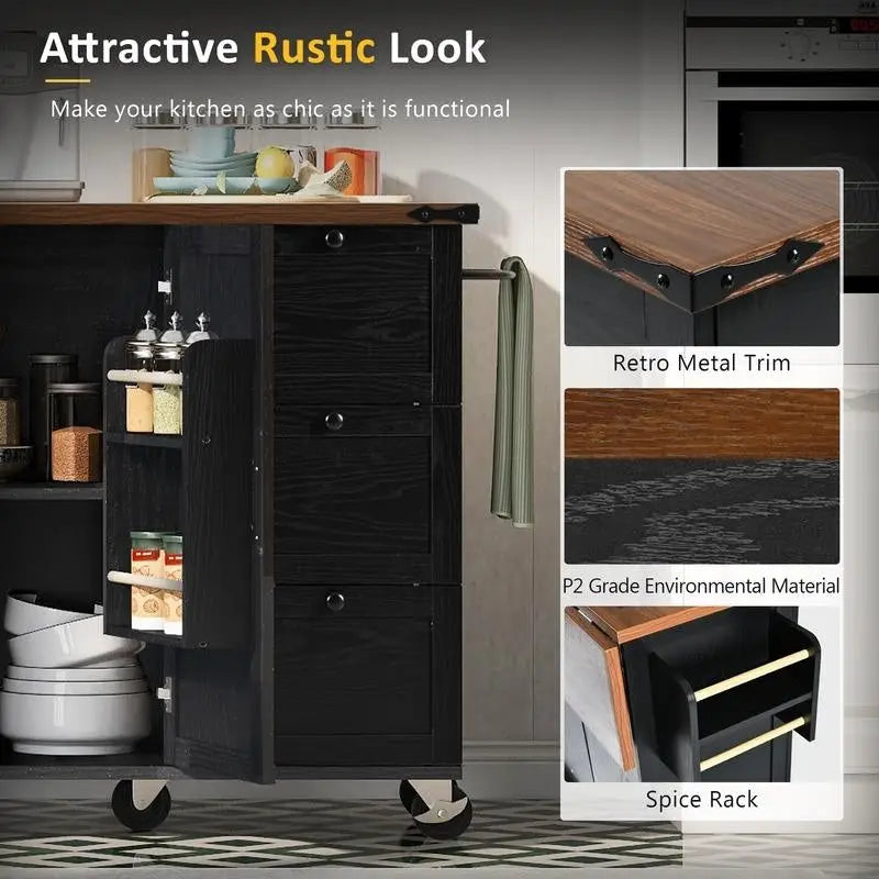 Farmhouse Kitchen Island with Drop Leaf, Power Outlet and Storage, Black