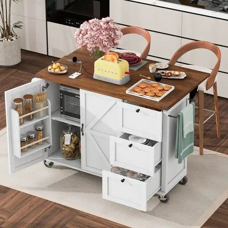 Îlot de cuisine de style maison de campagne avec rallonge rabattable, prise électrique et rangements, noir