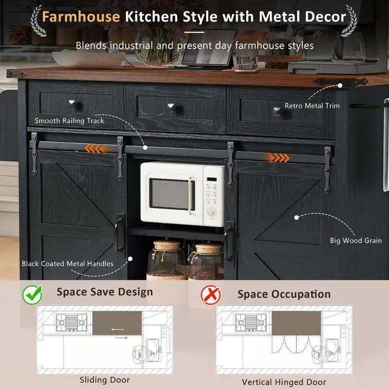 Îlot de cuisine de style maison de campagne avec rallonge rabattable, prise électrique et rangements, noir