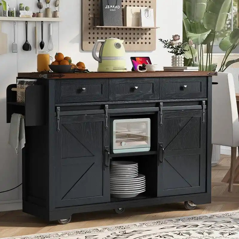 Îlot de cuisine de style maison de campagne avec rallonge rabattable, prise électrique et rangements, noir