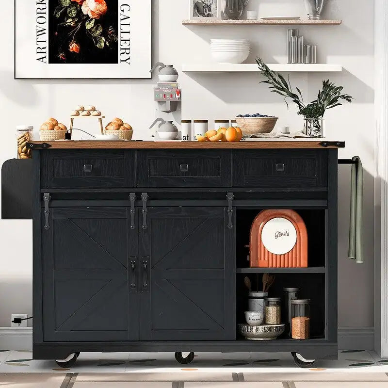 Îlot de cuisine de style maison de campagne avec rallonge rabattable, prise électrique et rangements, noir