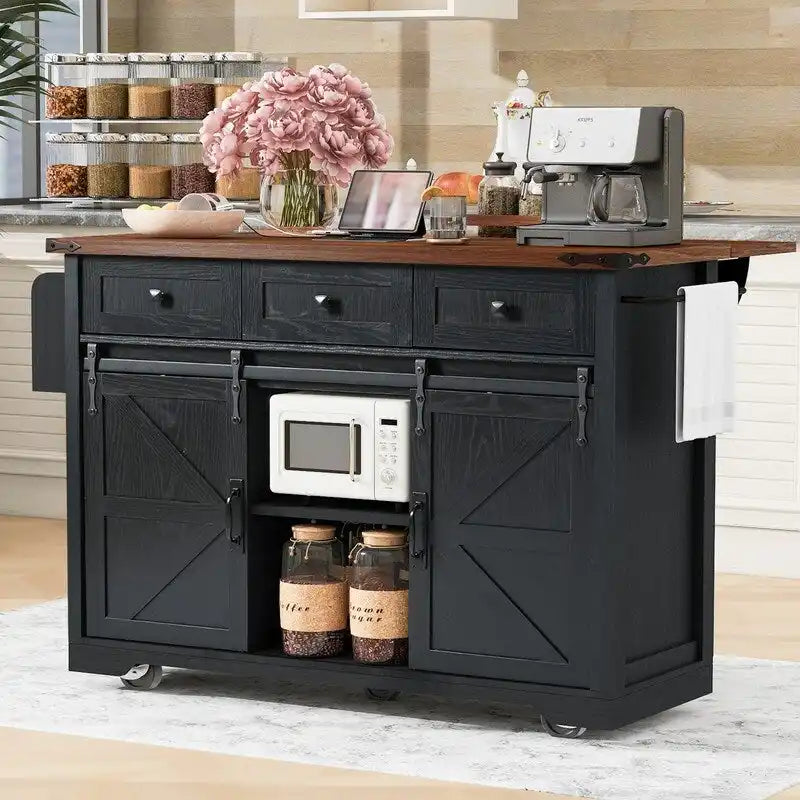 Îlot de cuisine de style maison de campagne avec rallonge rabattable, prise électrique et rangements, noir