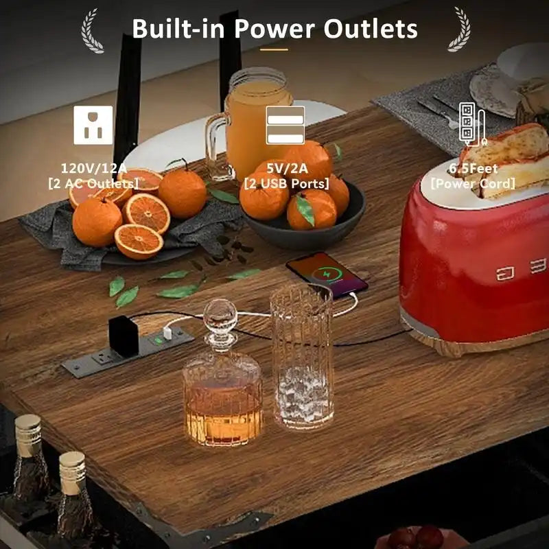 Îlot de cuisine de style maison de campagne avec rallonge rabattable, prise électrique et rangements, noir