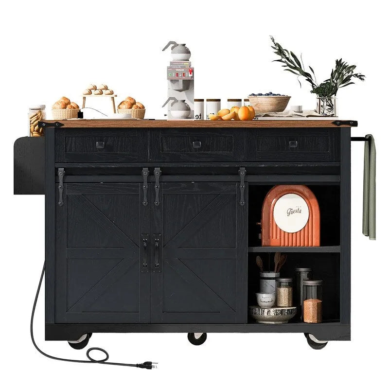 Îlot de cuisine de style maison de campagne avec rallonge rabattable, prise électrique et rangements, noir