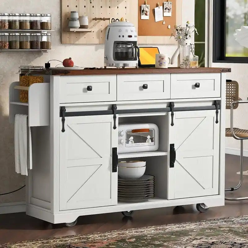 Îlot de cuisine de style maison de campagne avec rallonge rabattable, prise électrique et rangements, noir