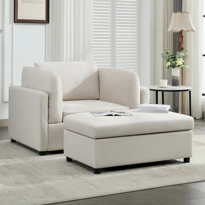 Oversized Accent Armchair with Lumbar Support, Linen Upholstered, Light Grey
