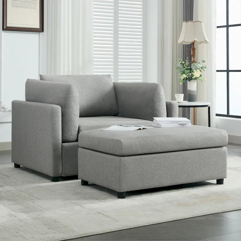 Oversized Accent Armchair with Lumbar Support, Linen Upholstered, Light Grey
