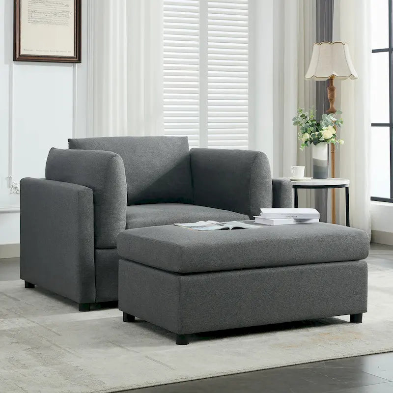 Oversized Accent Armchair with Lumbar Support, Linen Upholstered, Light Grey