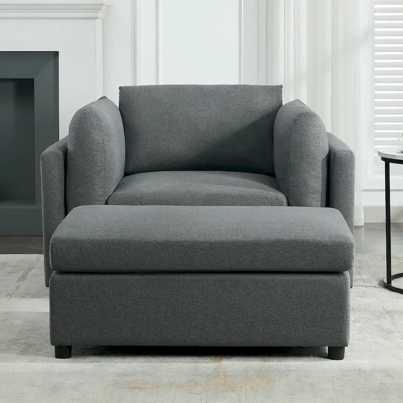 Extra grote accentfauteuil met lendensteun, gestoffeerd met linnen, lichtgrijs