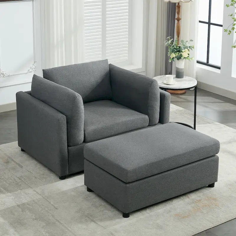 Oversized Accent Armchair with Lumbar Support, Linen Upholstered, Light Grey