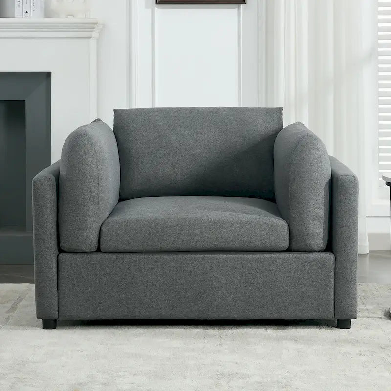 Extra grote accentfauteuil met lendensteun, gestoffeerd met linnen, lichtgrijs