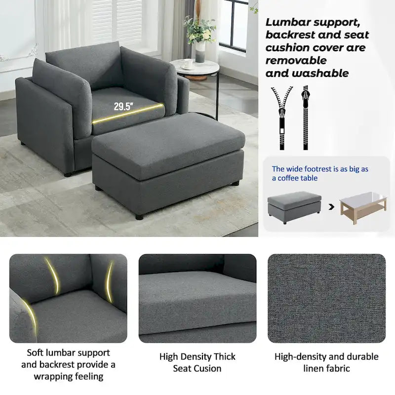 Extra grote accentfauteuil met lendensteun, gestoffeerd met linnen, lichtgrijs