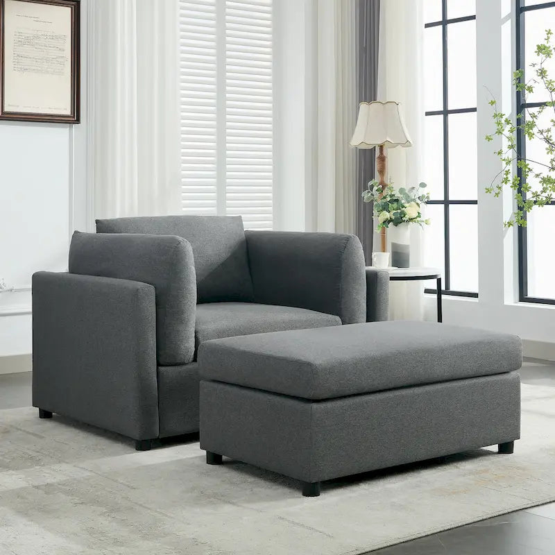 Extra grote accentfauteuil met lendensteun, gestoffeerd met linnen, lichtgrijs