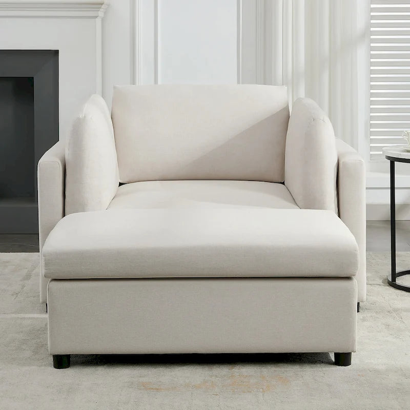 Extra grote accentfauteuil met lendensteun, gestoffeerd met linnen, lichtgrijs