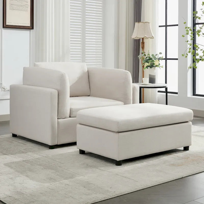Extra grote accentfauteuil met lendensteun, gestoffeerd met linnen, lichtgrijs