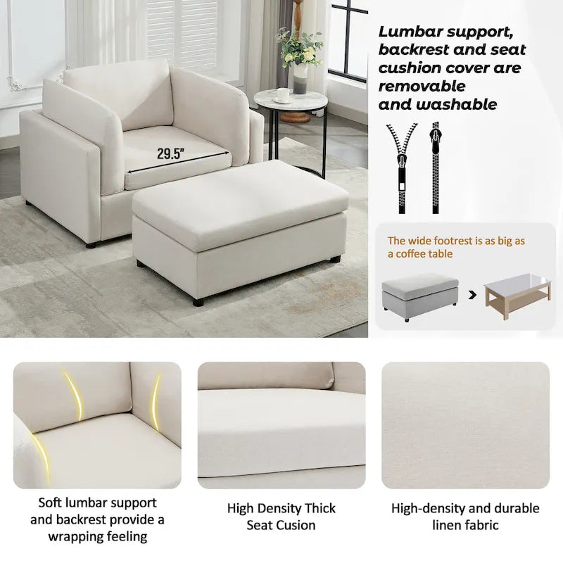 Extra grote accentfauteuil met lendensteun, gestoffeerd met linnen, lichtgrijs