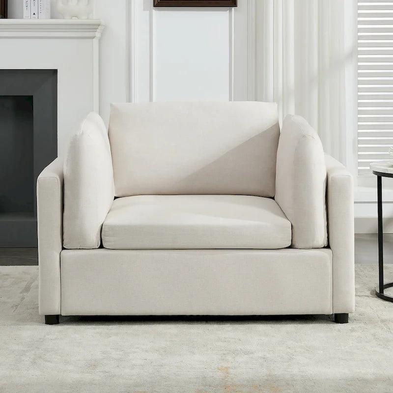 Extra grote accentfauteuil met lendensteun, gestoffeerd met linnen, lichtgrijs