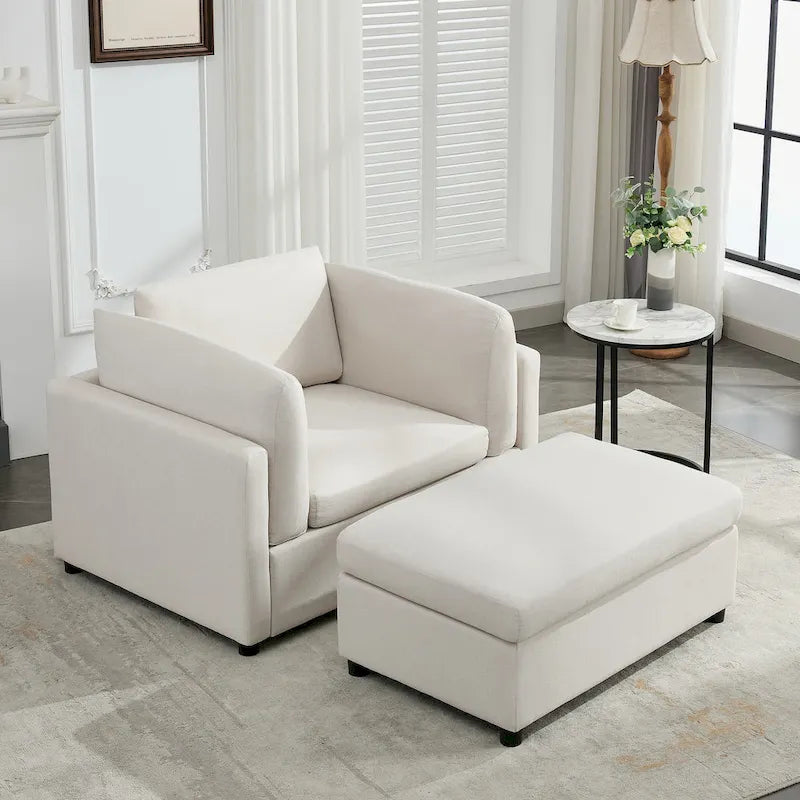 Extra grote accentfauteuil met lendensteun, gestoffeerd met linnen, lichtgrijs