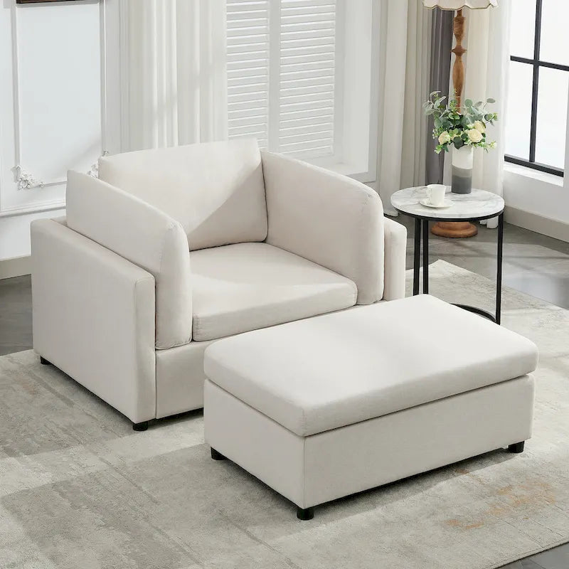 Extra grote accentfauteuil met lendensteun, gestoffeerd met linnen, lichtgrijs