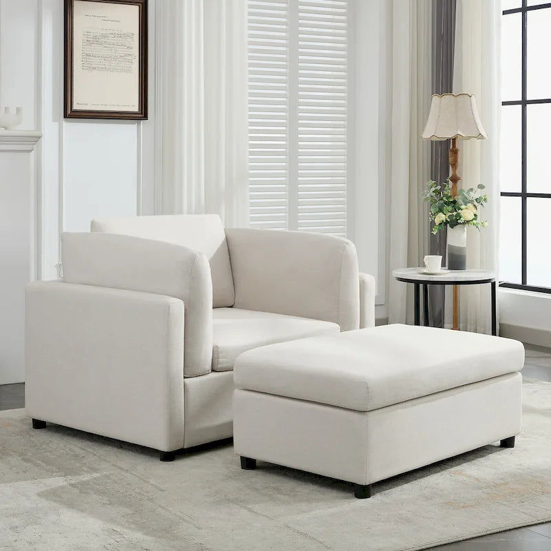 Extra grote accentfauteuil met lendensteun, gestoffeerd met linnen, lichtgrijs