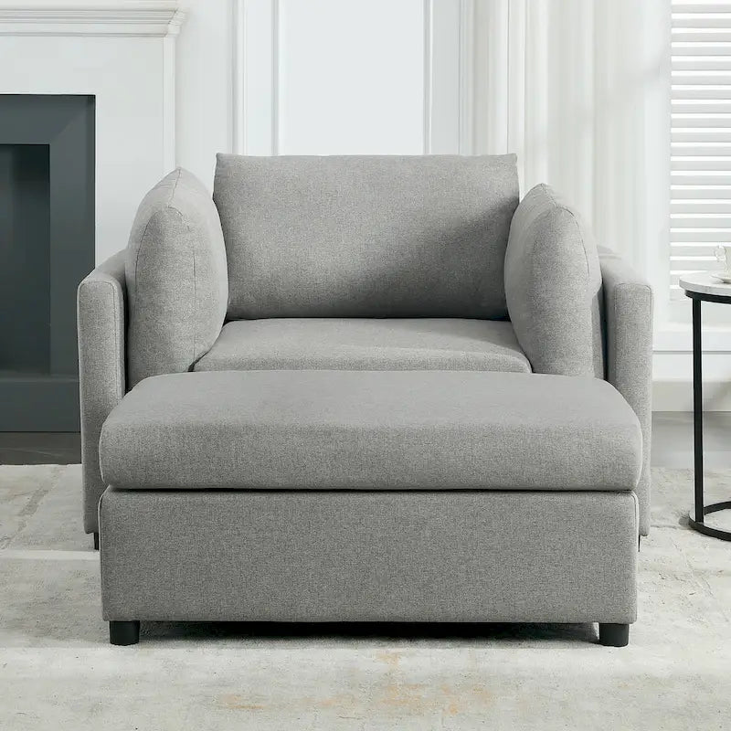 Extra grote accentfauteuil met lendensteun, gestoffeerd met linnen, lichtgrijs
