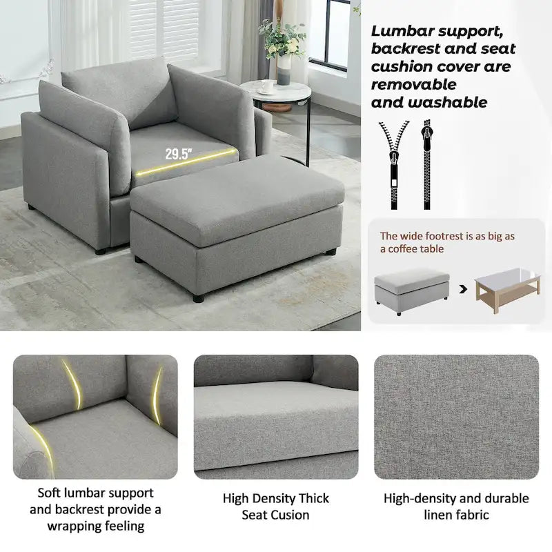 Extra grote accentfauteuil met lendensteun, gestoffeerd met linnen, lichtgrijs