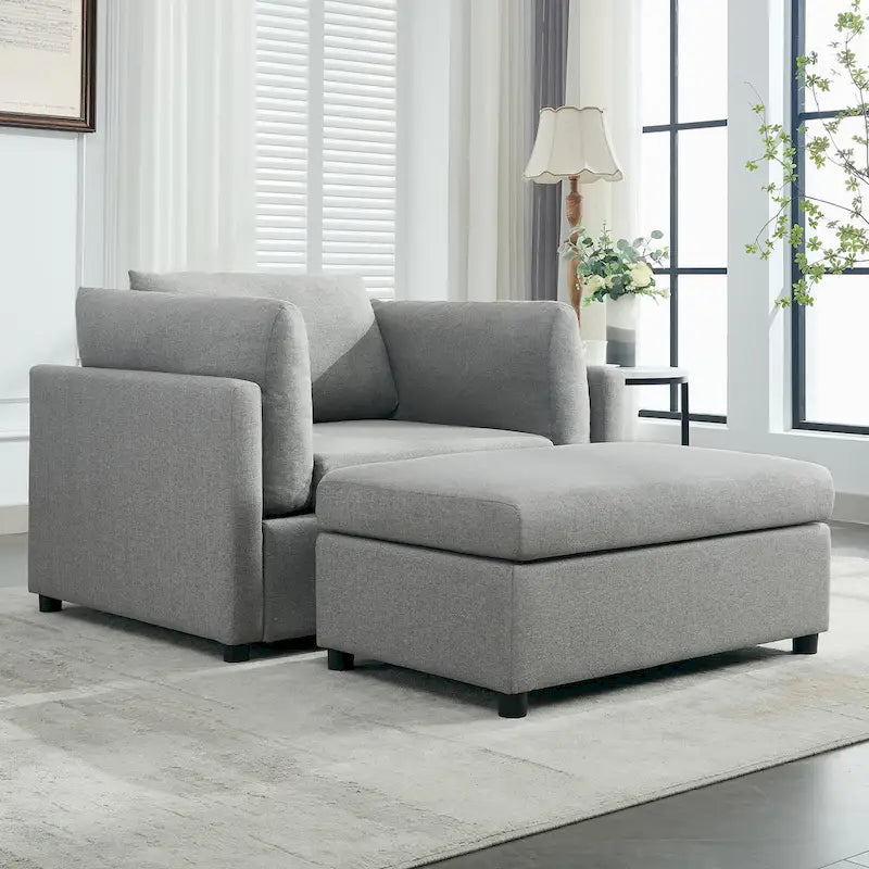 Extra grote accentfauteuil met lendensteun, gestoffeerd met linnen, lichtgrijs