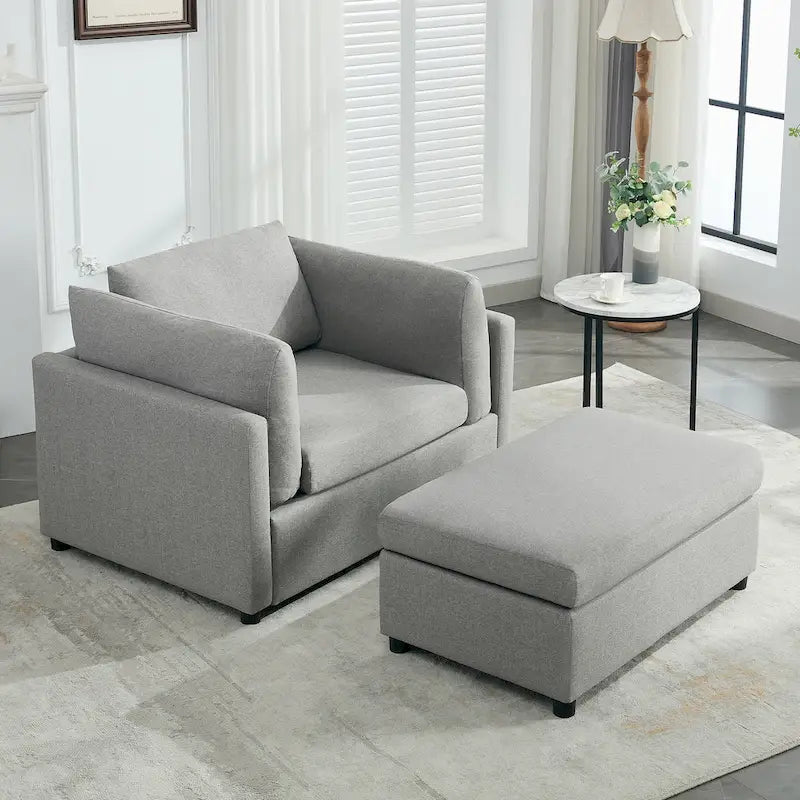Extra grote accentfauteuil met lendensteun, gestoffeerd met linnen, lichtgrijs