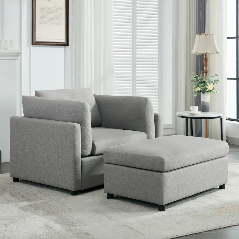 Extra grote accentfauteuil met lendensteun, gestoffeerd met linnen, lichtgrijs