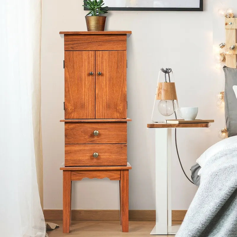 Vintage Standing Jewelry Cabinet with Mirror Drawers Brown Wood