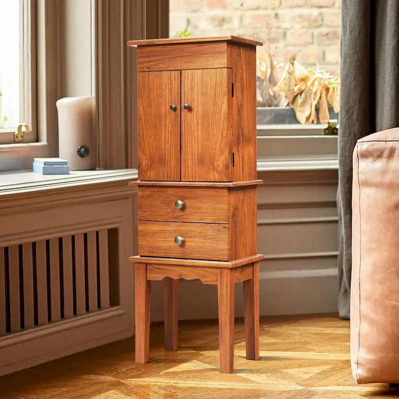 Vintage Standing Jewelry Cabinet with Mirror Drawers Brown Wood