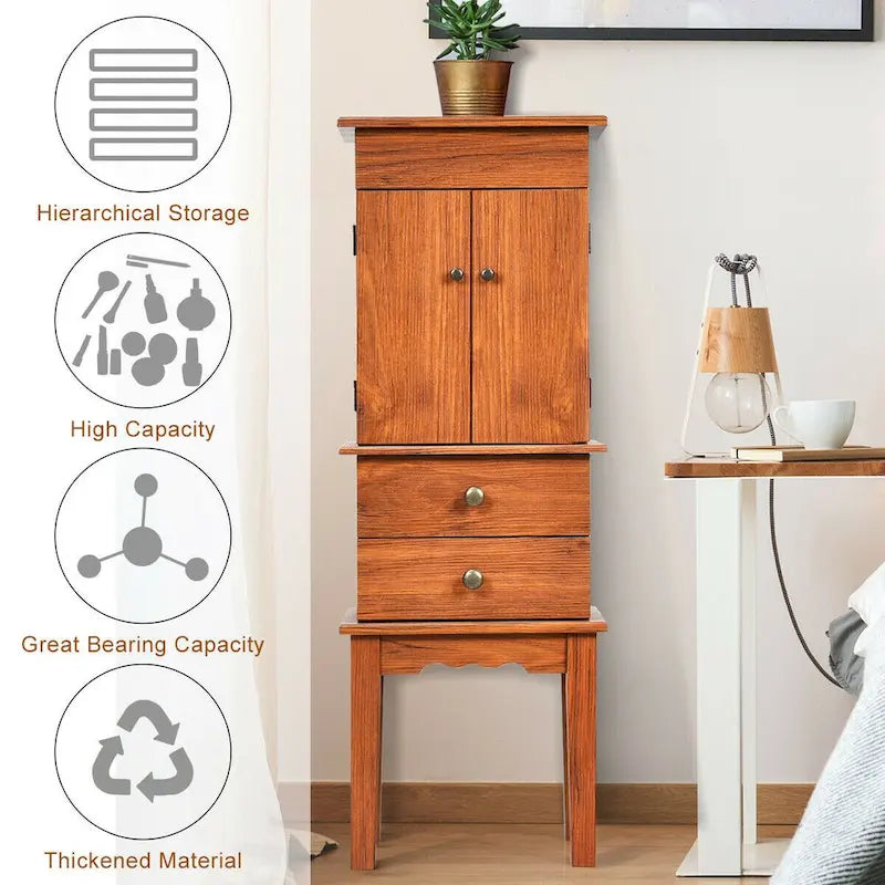 Vintage Standing Jewelry Cabinet with Mirror Drawers Brown Wood