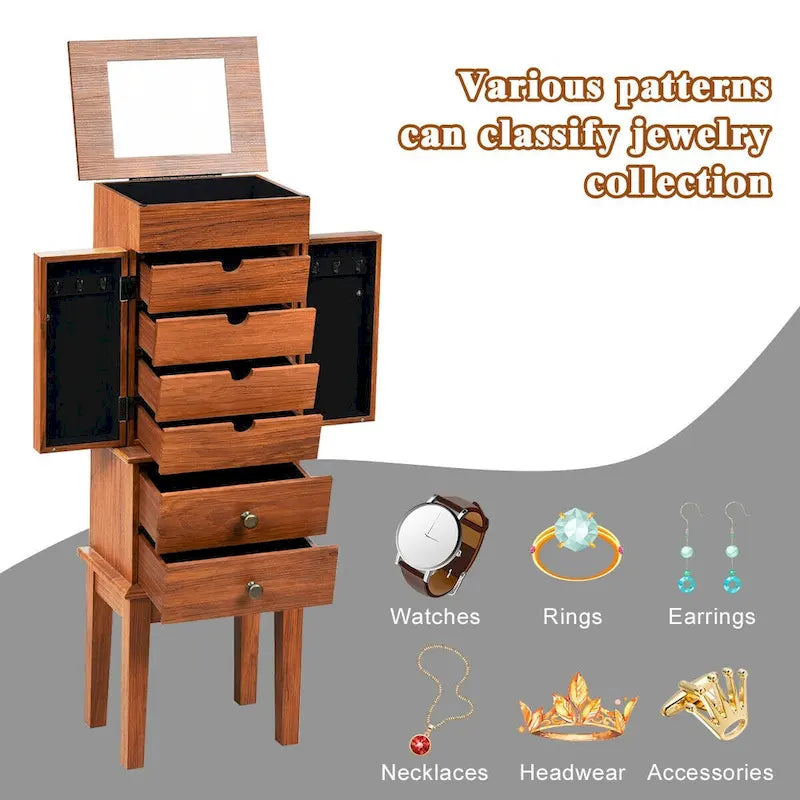 Vintage Standing Jewelry Cabinet with Mirror Drawers Brown Wood